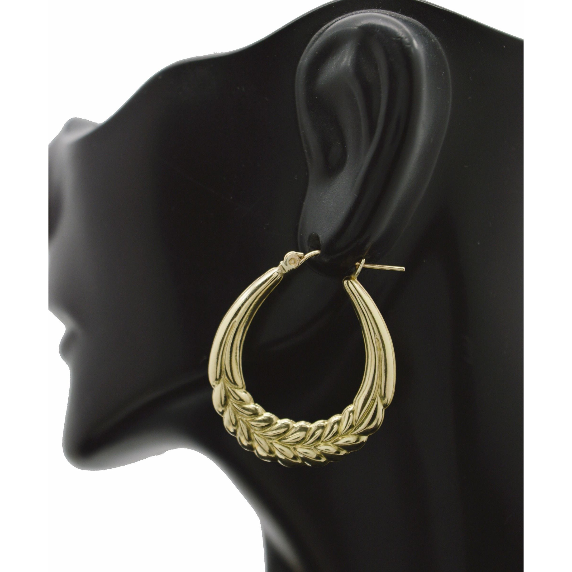 Real 10k Yellow Solid Gold Shiny 308mm Shrimp Leaf Hoop Earrings 30 Grams